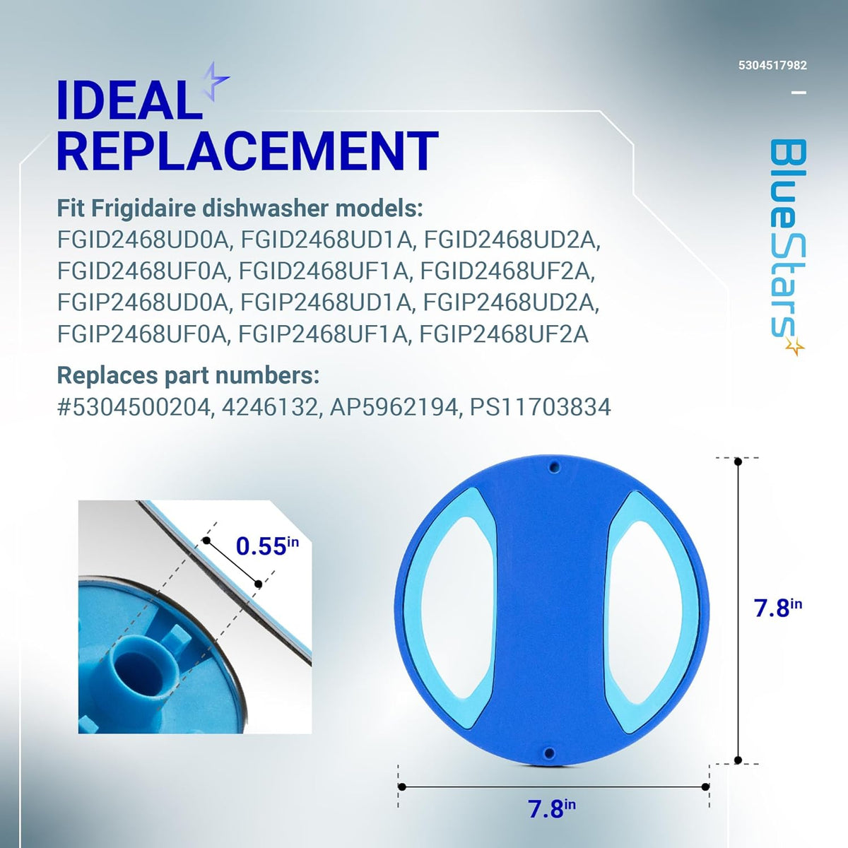 Infographic showing dimensions and compatibility for Frigidaire dishwasher lower spray arm replacement part 5304517982.