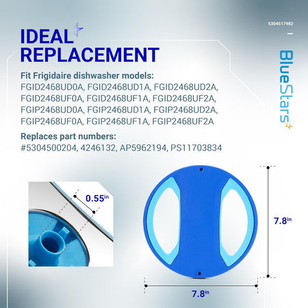 Infographic showing dimensions and compatibility for Frigidaire dishwasher lower spray arm replacement part 5304517982.