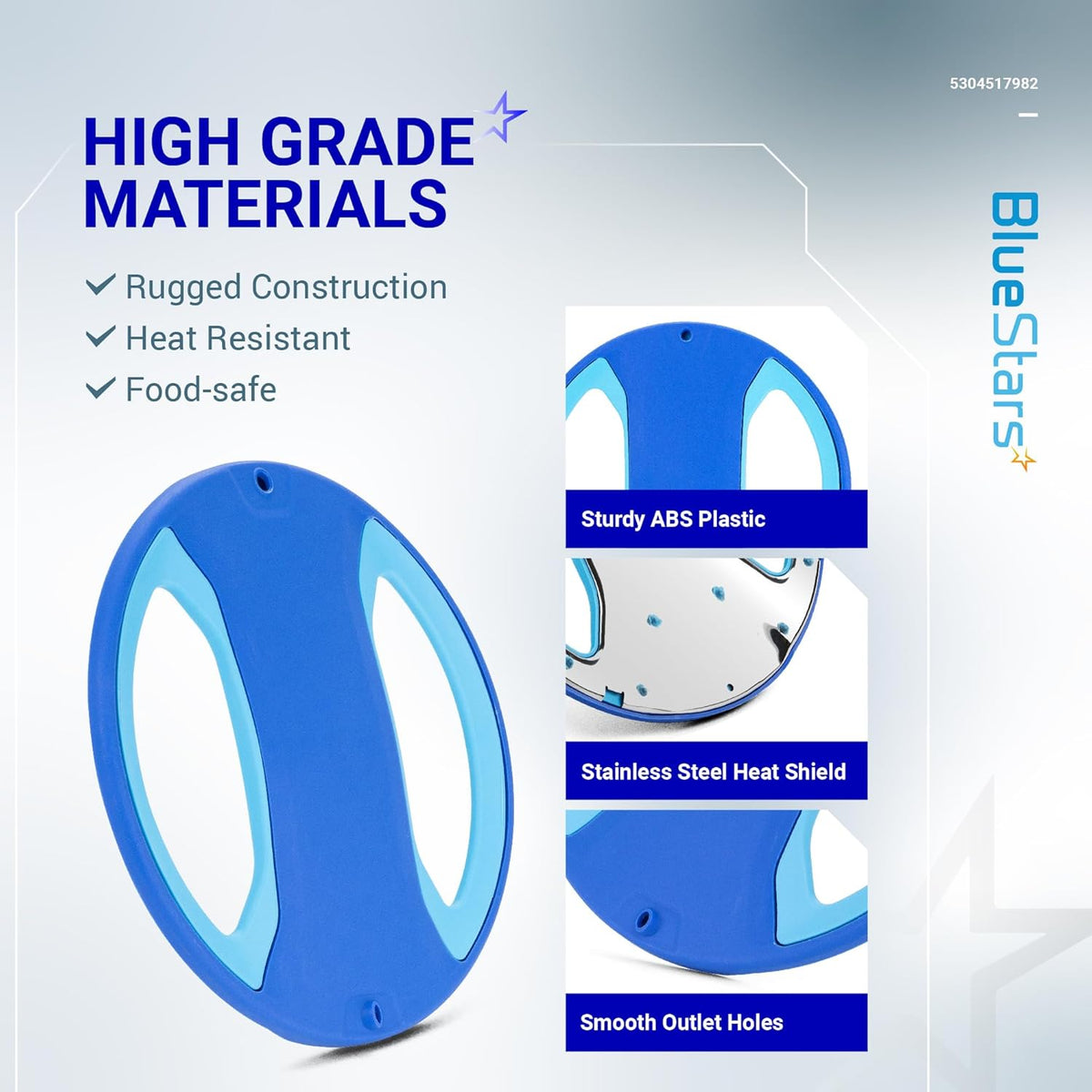 Infographic showing high-grade materials of 5304517982 dishwasher lower spray arm with ABS plastic and heat shield details.
