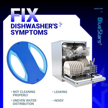 Infographic showing 5304517982 dishwasher lower spray arm and common appliance repair symptoms.