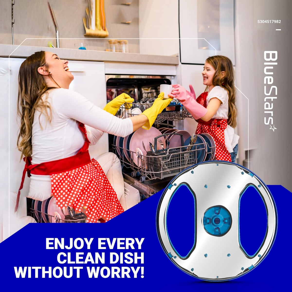 5304517982 dishwasher lower spray arm replacement shown in a lifestyle graphic with a mother and daughter.