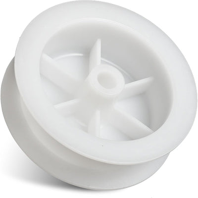 White plastic dryer idler pulley replacement for GE and Hotpoint clothes dryers.