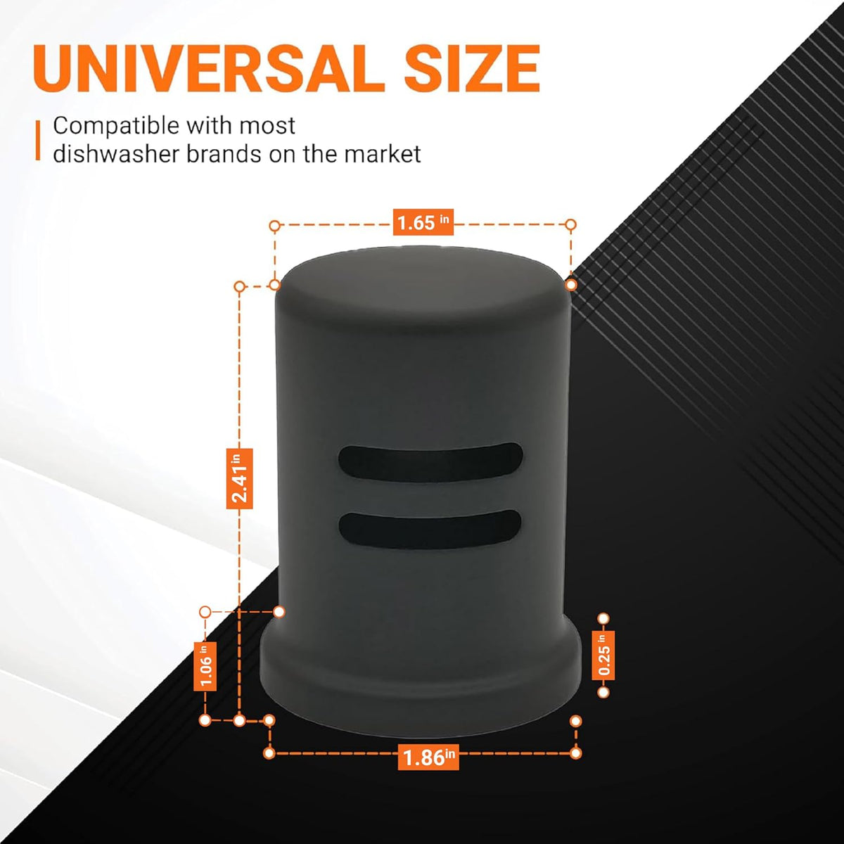 Technical diagram showing dimensions of a universal skirted brass dishwasher air gap cover.
