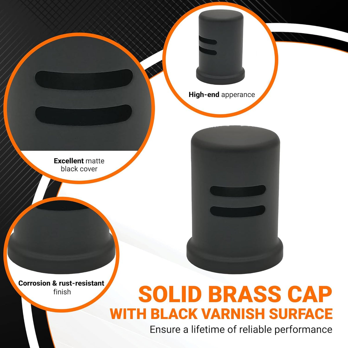 Matte black skirted brass dishwasher air gap cover with close-up detail views of the finish and design.