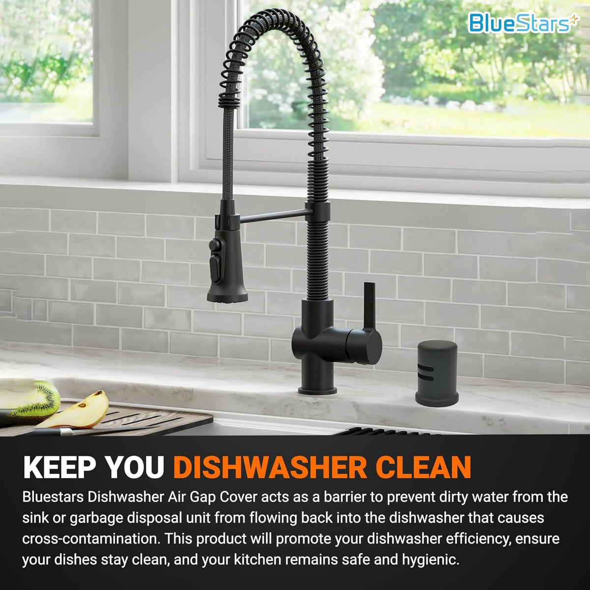 Matte black dishwasher air gap cover installed on a kitchen countertop next to a modern spring-neck faucet.