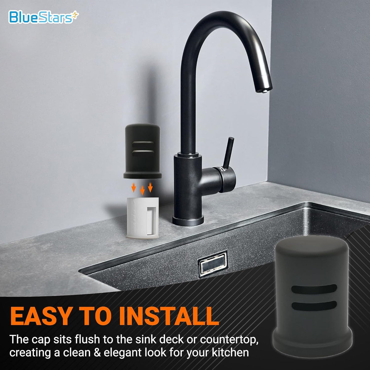 Black skirted dishwasher air gap cover being installed on a kitchen sink deck.