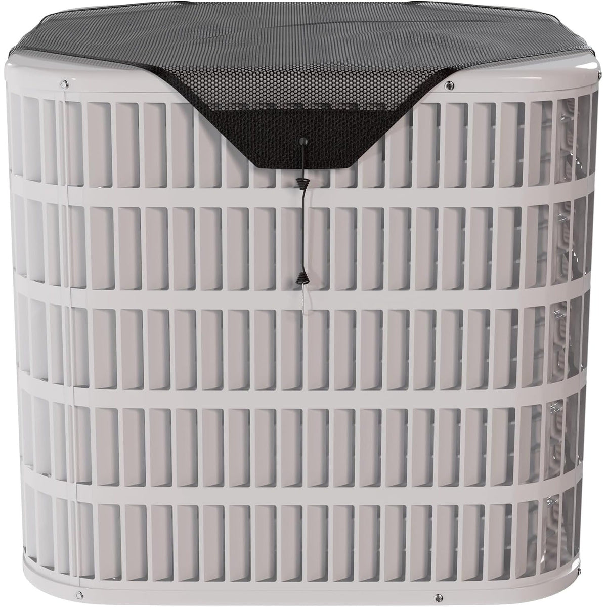 28x28 inch black mesh AC condenser cover installed on top of a white central air conditioning unit.