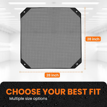 28-inch by 28-inch square black mesh AC condenser cover with corner grommets for central air units.