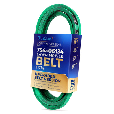 Green 117-inch 754-06134 deck belt for Cub Cadet, Craftsman, and Troy-Bilt mowers in branded BlueStars packaging.