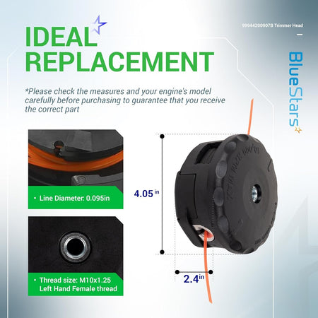 Speed-Feed 400 trimmer head dimensions and specifications infographic for Echo SRM series trimmers.