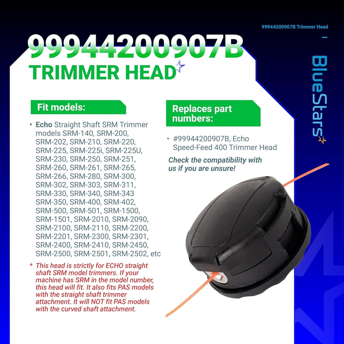 Infographic showing Echo Speed-Feed 400 trimmer head 99944200907B with compatibility list and replacement part numbers.