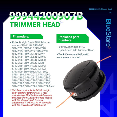Infographic showing Echo Speed-Feed 400 trimmer head 99944200907B with compatibility list and replacement part numbers.