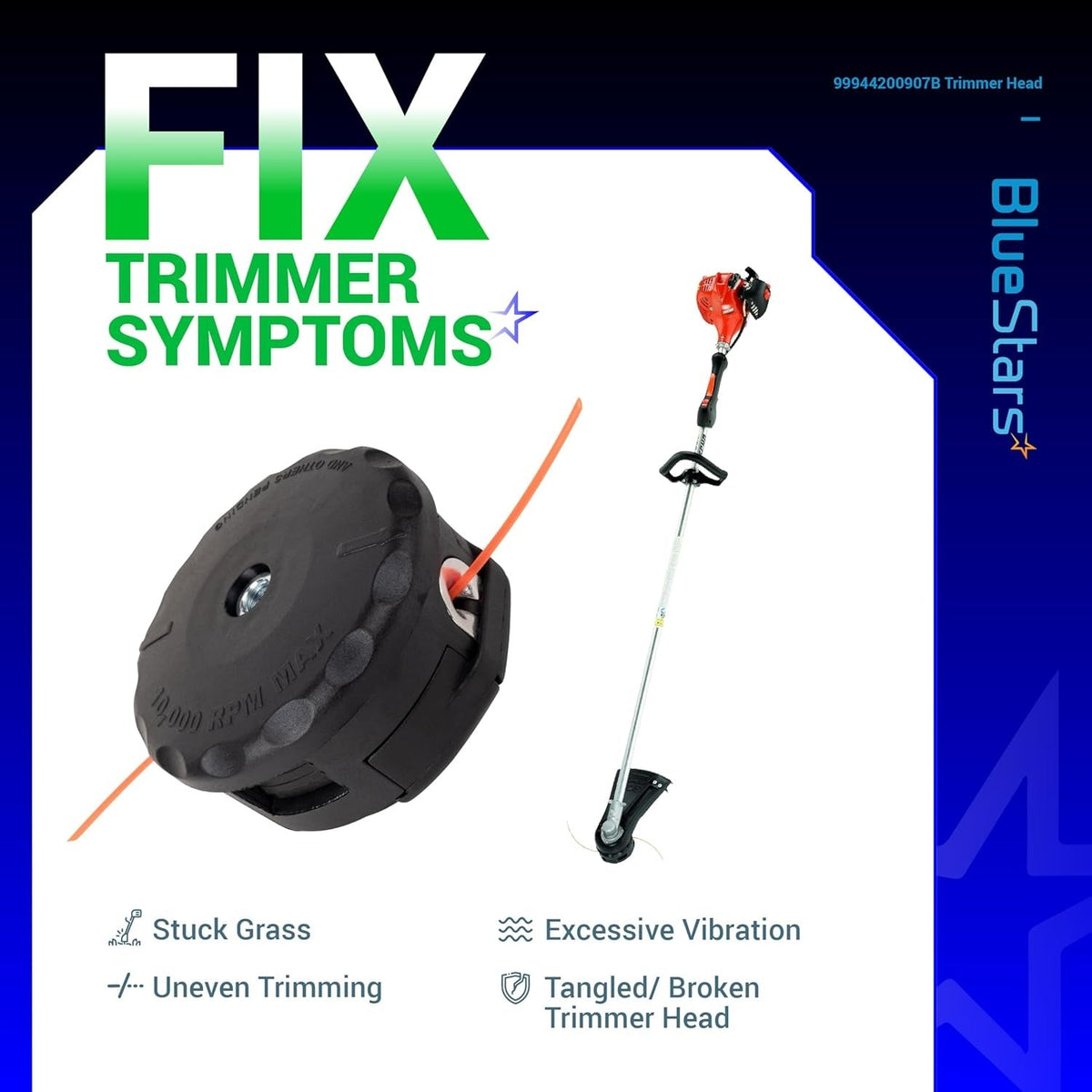 Speed-Feed 400 trimmer head replacement for Echo SRM series with infographic showing common trimmer repair symptoms.