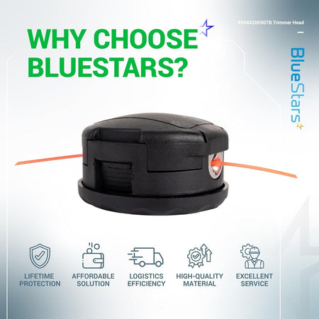 BlueStars Speed-Feed 400 trimmer head replacement for Echo SRM series trimmers with marketing feature icons.