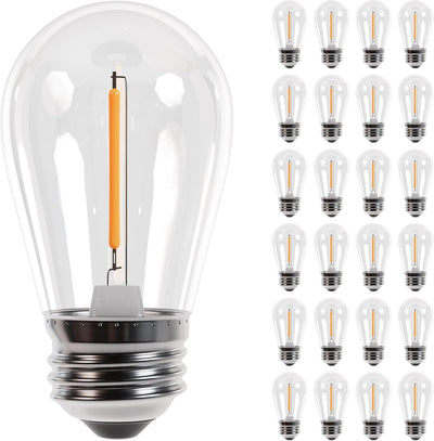 Pack of 24 clear S14 LED string light bulbs with E26 base and 1W filament.