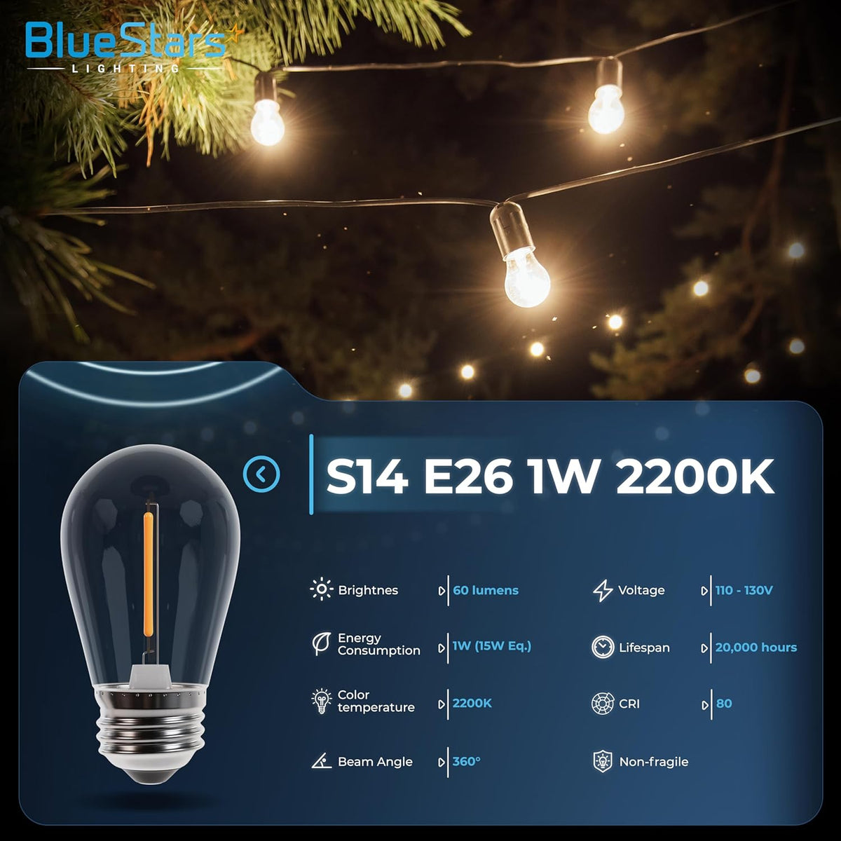 Clear S14 LED string light bulb with E26 base and 2200K warm light specifications infographic.