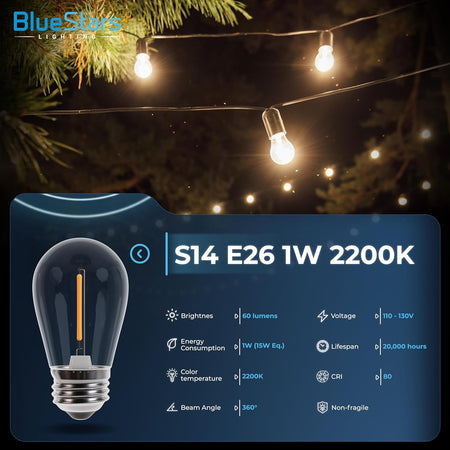 Clear S14 LED string light bulb with E26 base and 2200K warm light specifications infographic.