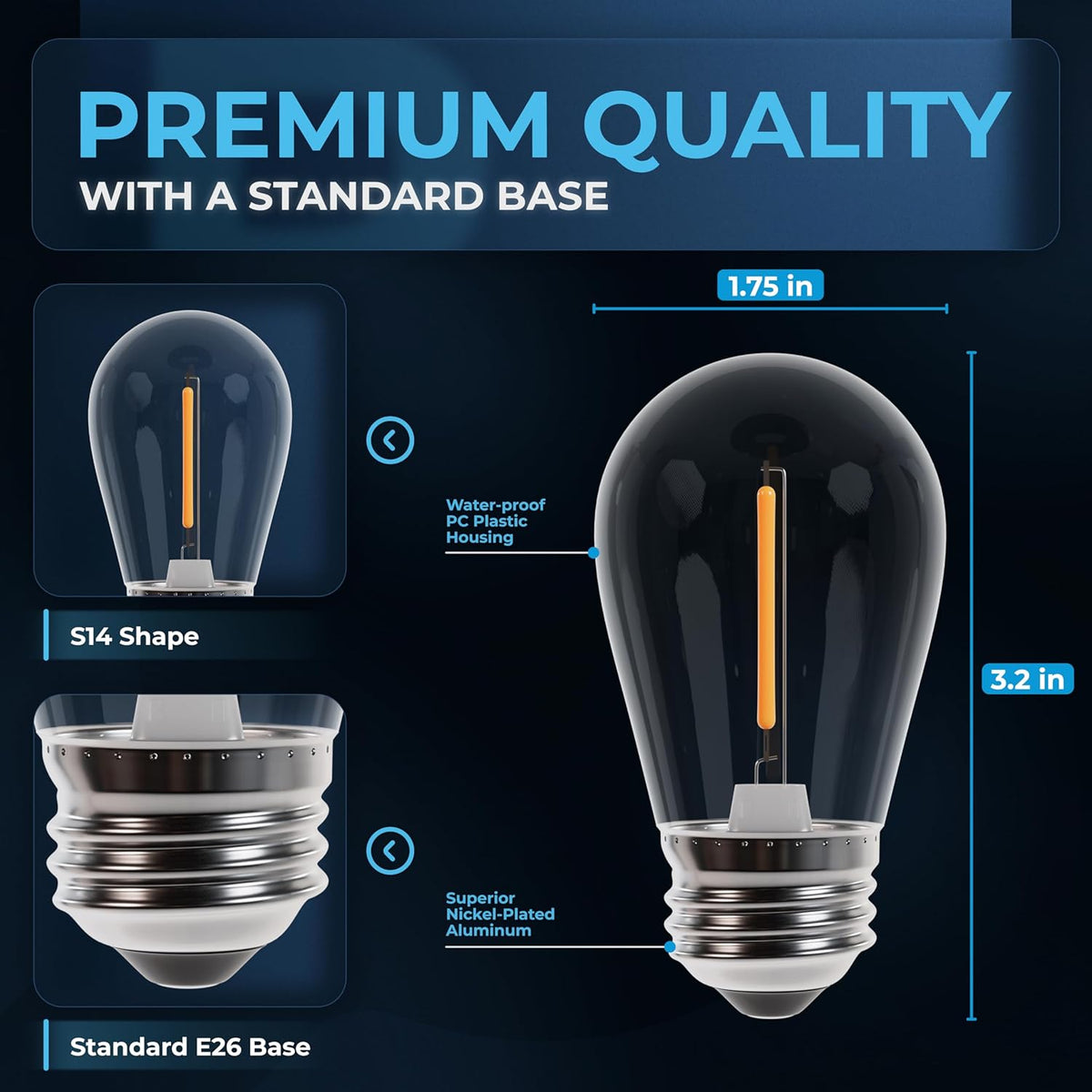 Infographic showing dimensions and features of an S14 LED string light bulb with a standard E26 base.