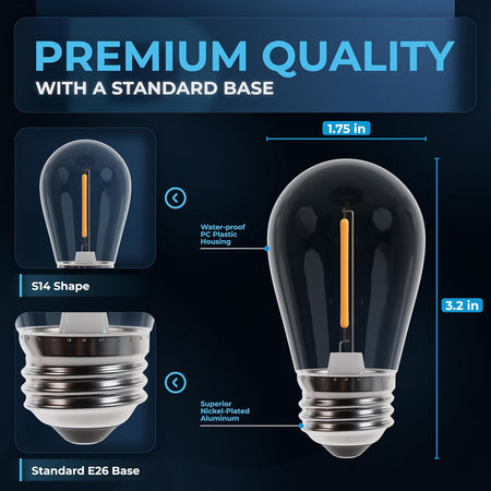 Infographic showing dimensions and features of an S14 LED string light bulb with a standard E26 base.