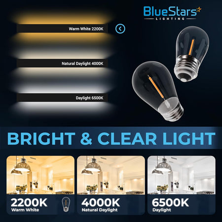 Two clear S14 LED string light bulbs with E26 base showing color temperature options from 2200K to 6500K.