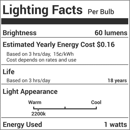 Lighting Facts label for S14 LED string light bulb showing 60 lumens, 18-year life, and 2200K warm light appearance.