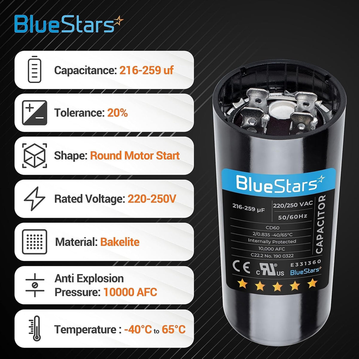 BlueStars 216-259 uF 220-250 VAC round motor start capacitor with technical specification infographic.