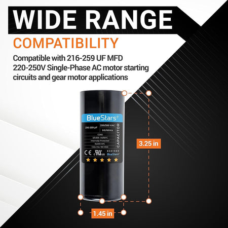 216-259 uF 220-250 VAC round start capacitor with 3.25 inch height and 1.45 inch diameter dimensions.