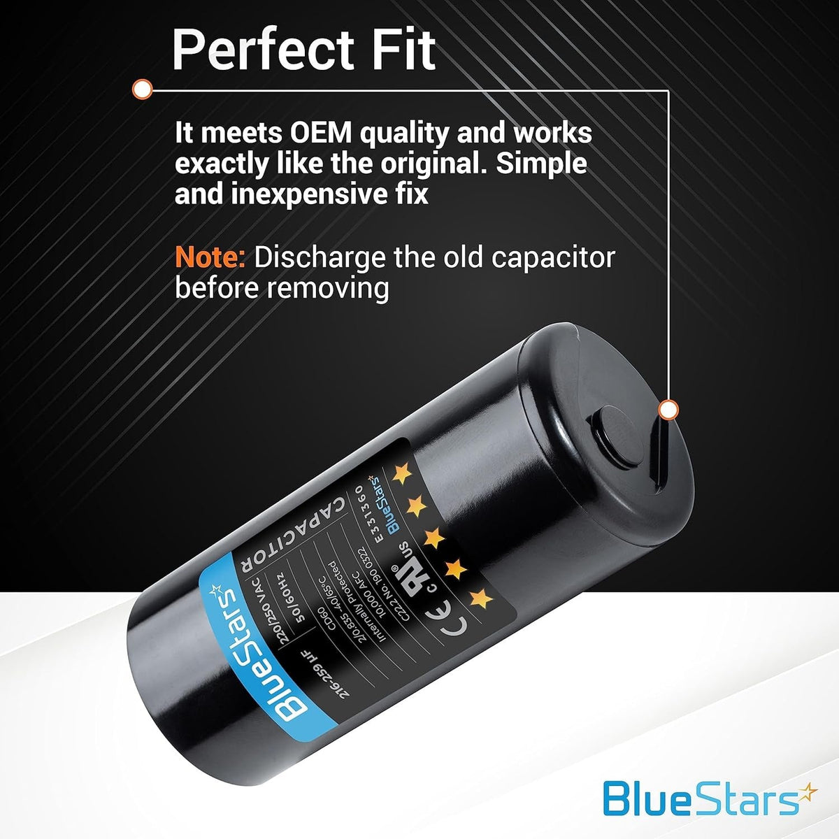 Single 216-259 uF 220-250 VAC round start capacitor with technical specifications label.