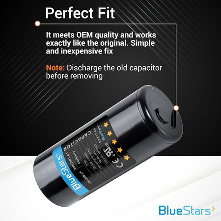 Single 216-259 uF 220-250 VAC round start capacitor with technical specifications label.