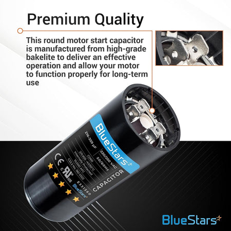 Single 216-259 uF 220-250 VAC round motor start capacitor with terminal close-up view.