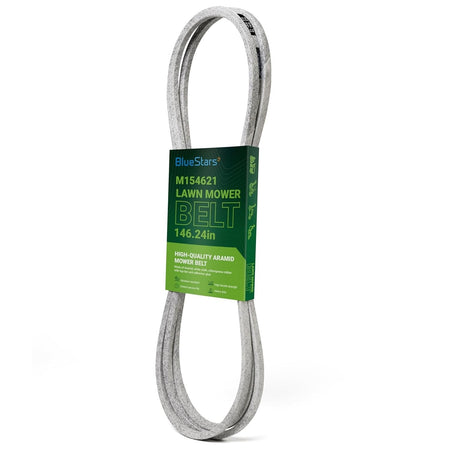 M154621 replacement mower belt in branded packaging for John Deere lawn tractors and zero-turn mowers.