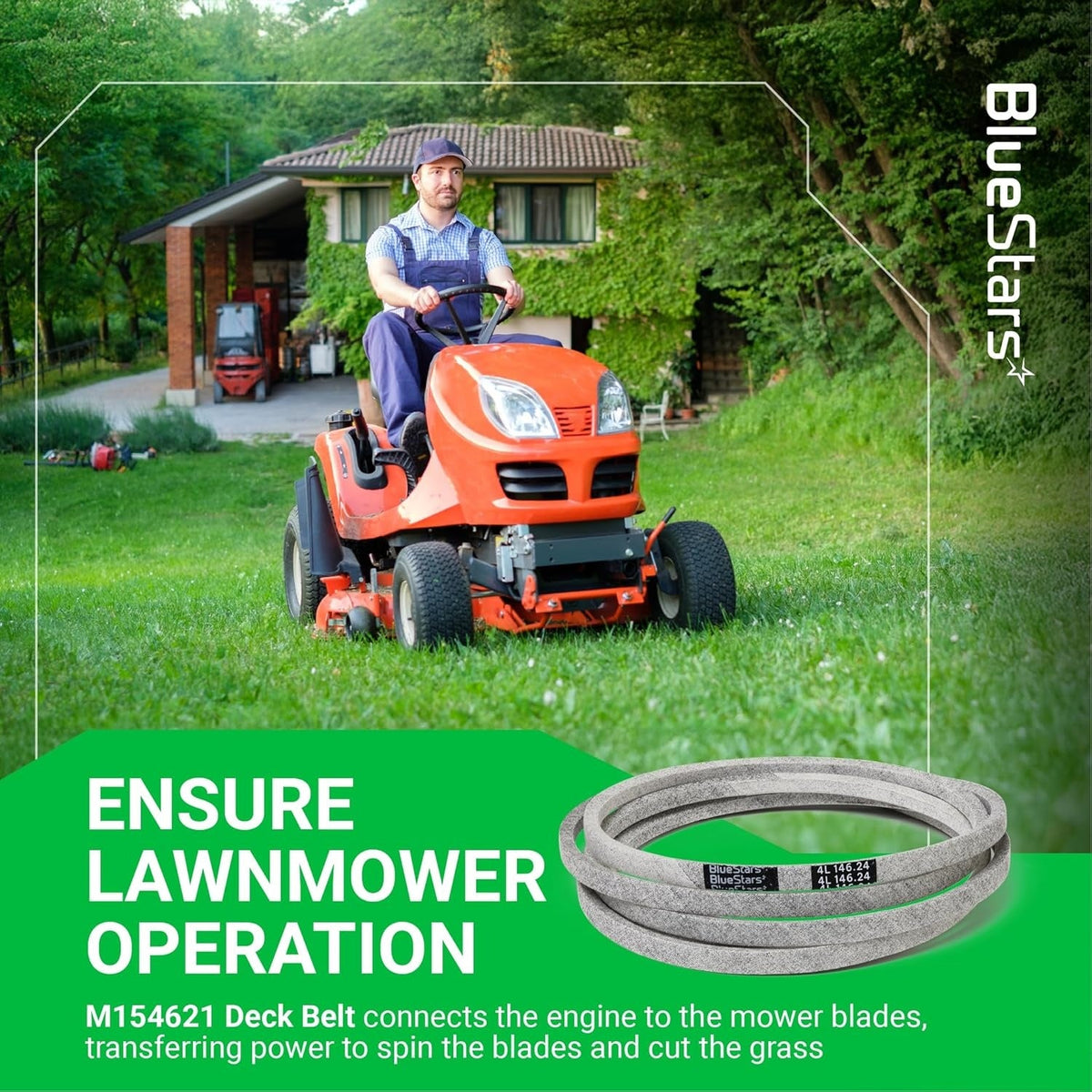 M154621 mower deck belt for John Deere and EZtrak lawn tractors shown with a man operating a riding mower.