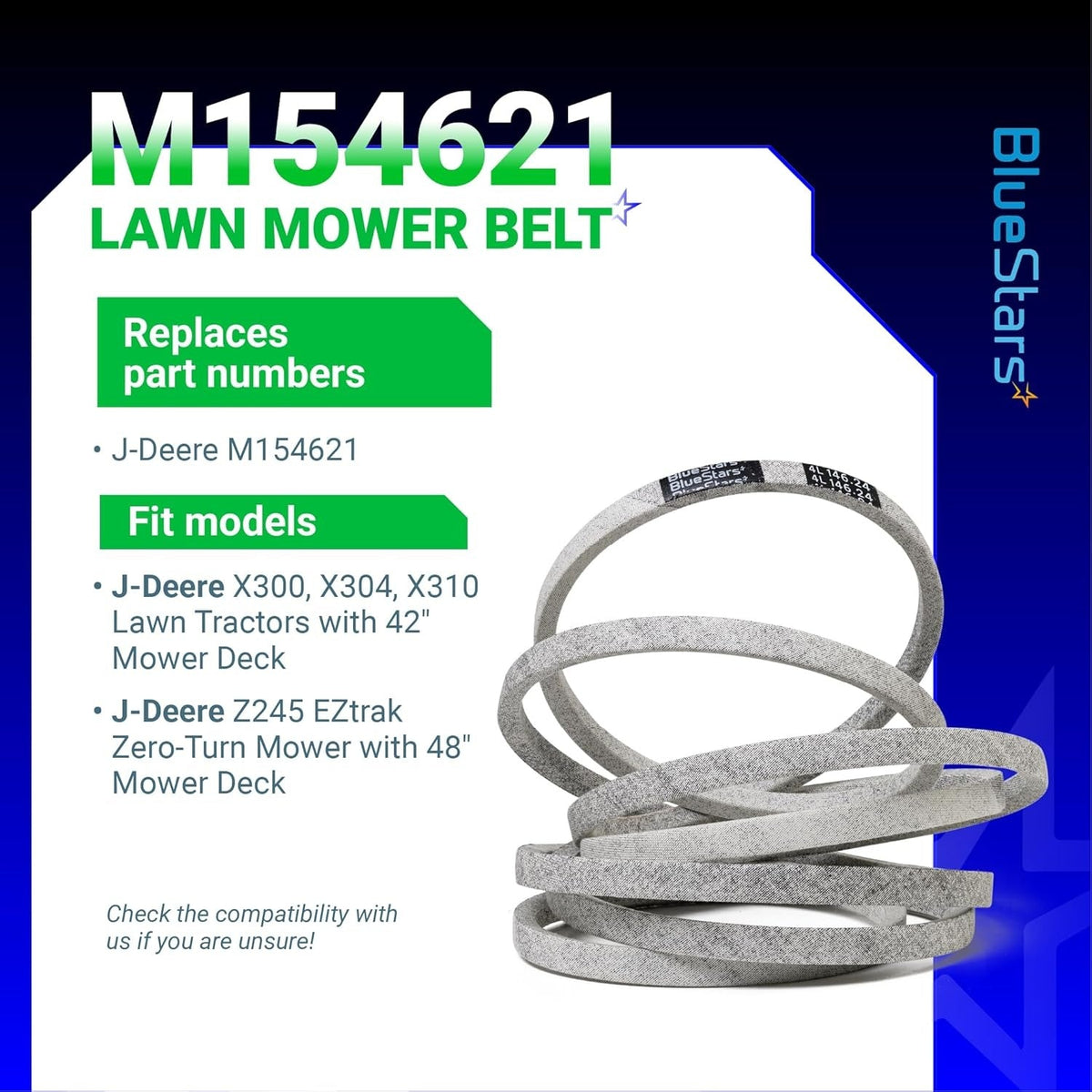 M154621 replacement mower belt for John Deere X300, X304, X310, and Z245 lawn tractors with compatibility info graphic.