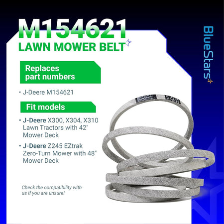 M154621 replacement mower belt for John Deere X300, X304, X310, and Z245 lawn tractors with compatibility info graphic.
