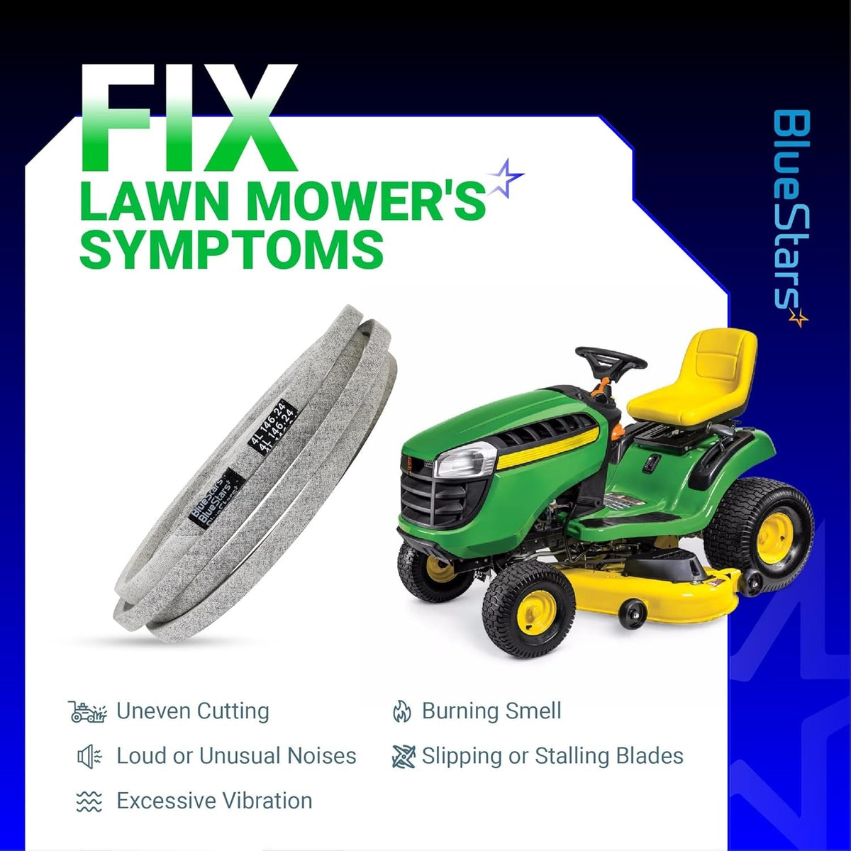 M154621 mower belt for John Deere lawn tractors with symptom troubleshooting guide.