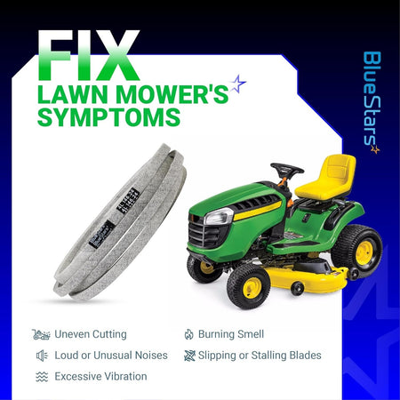M154621 mower belt for John Deere lawn tractors with symptom troubleshooting guide.