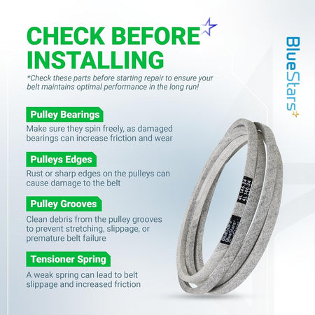 M154621 mower belt installation guide infographic showing maintenance tips for pulley bearings, edges, grooves, and springs.