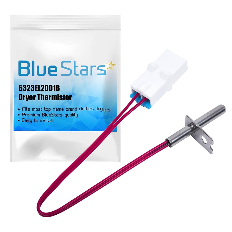 6323EL2001B dryer thermistor assembly with wiring harness and mounting bracket in Blue Stars packaging.