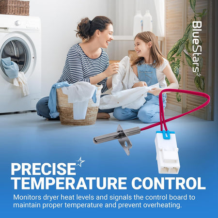 6323EL2001B Dryer Thermistor Assembly shown over a laundry scene with “Precise Temperature Control” text.