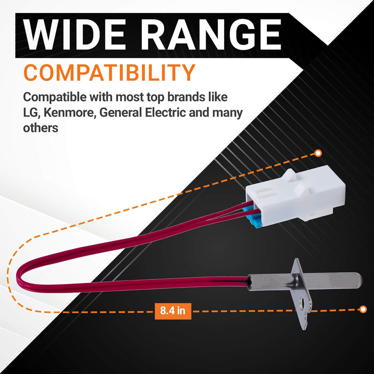 6323EL2001B dryer thermistor assembly showing 8.4-inch length and wide compatibility for LG and Kenmore dryers.