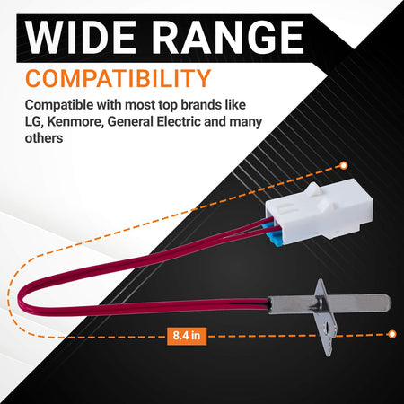 6323EL2001B dryer thermistor assembly showing 8.4-inch length and wide compatibility for LG and Kenmore dryers.