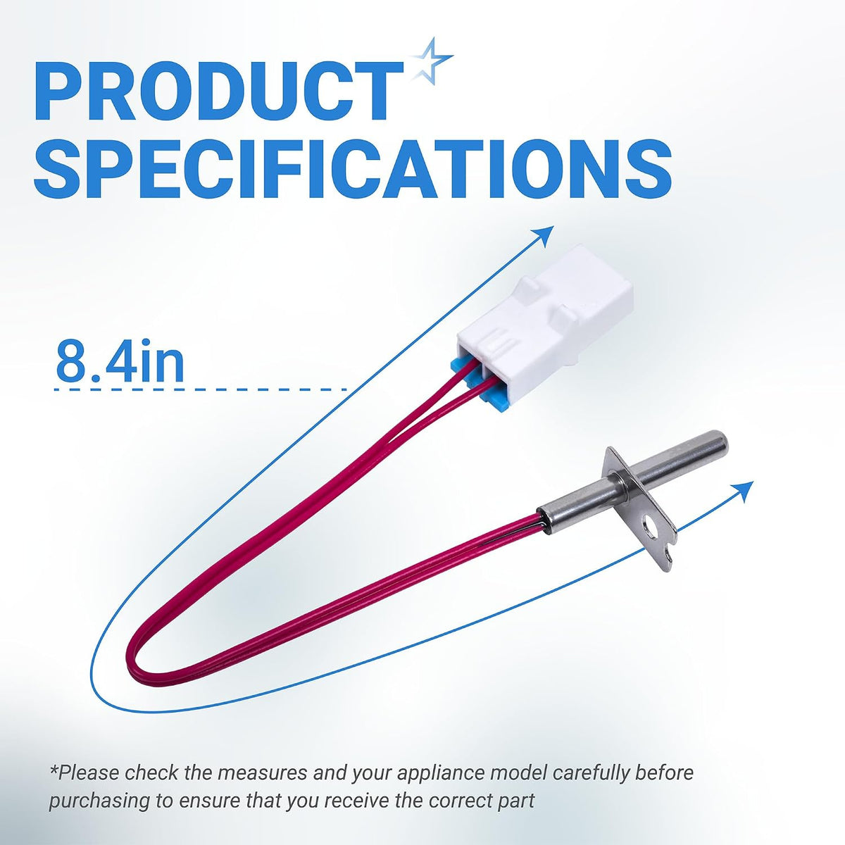 6323EL2001B Dryer Thermistor Assembly, product specifications diagram showing an 8.4-inch length