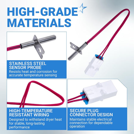 6323EL2001B Dryer Thermistor Assembly, detail graphic showing stainless steel probe, high-temperature wiring, and plug connec