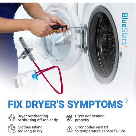 6323EL2001B Dryer Thermistor Assembly shown beside an open dryer with installation and symptom callouts