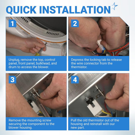 6323EL2001B Dryer Thermistor Assembly quick installation guide showing removal and replacement steps