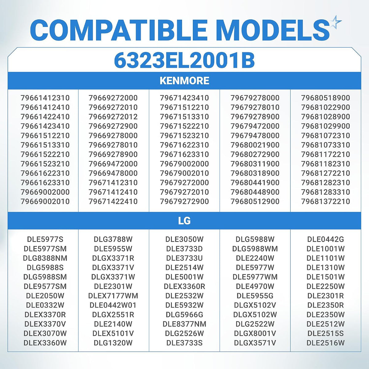 6323EL2001B Dryer Thermistor Assembly compatibility chart listing Kenmore and LG dryer models