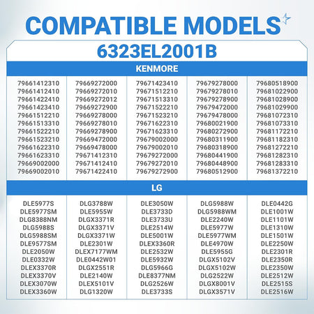 6323EL2001B Dryer Thermistor Assembly compatibility chart listing Kenmore and LG dryer models
