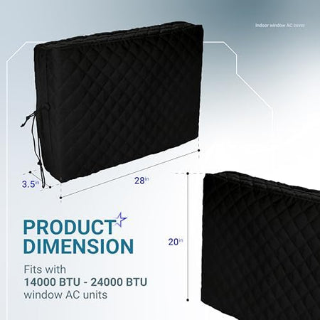 Black quilted indoor window AC cover showing 28 x 20 x 3.5 inch dimensions for 14000-24000 BTU units.