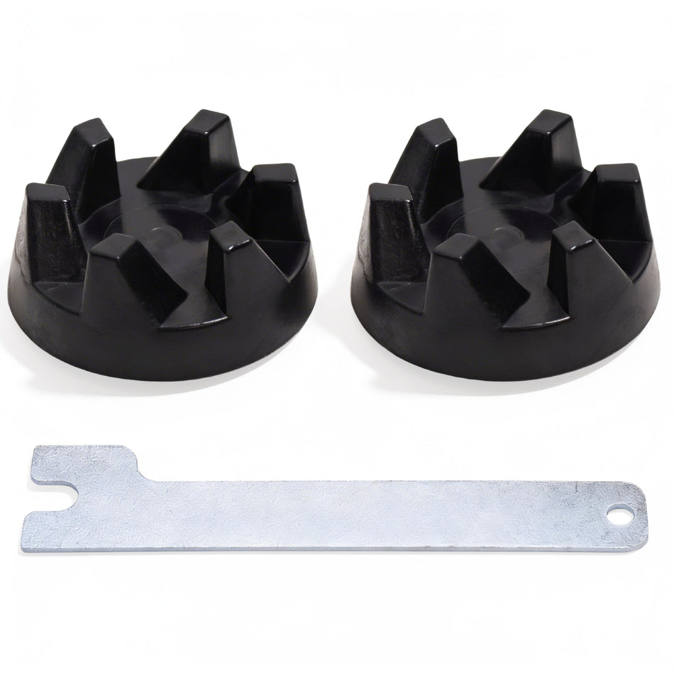 Two black blender drive couplers and a metal spanner wrench tool for KitchenAid blenders.