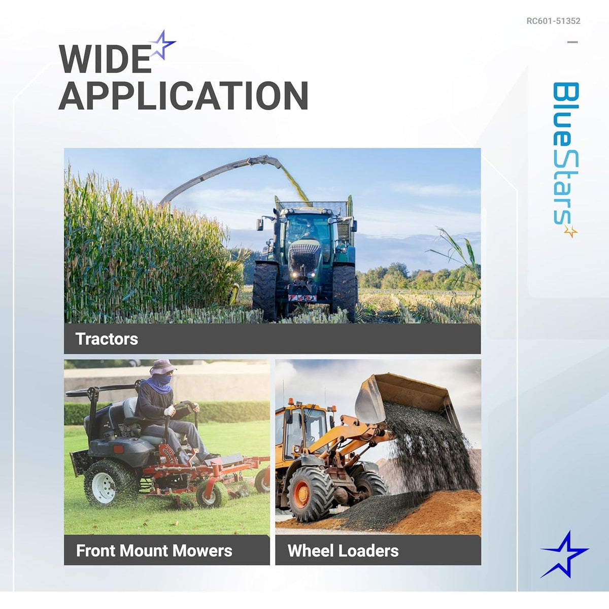 Infographic showing RC601-51352 fuel pump compatibility with tractors, front mount mowers, and wheel loaders.